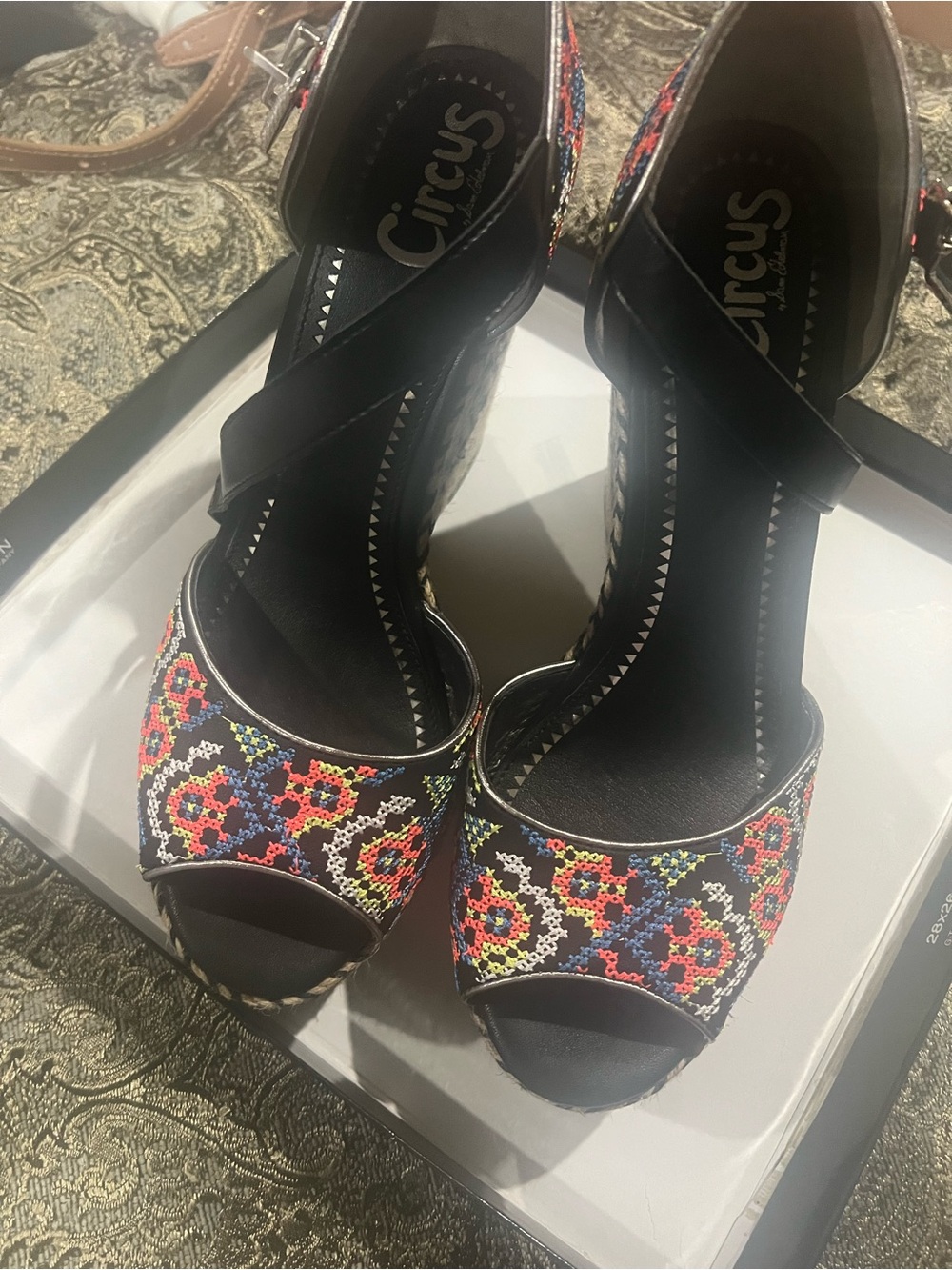 Circus by Sam Edelman Black Espadrille Wedges with Multicolor Embroidery